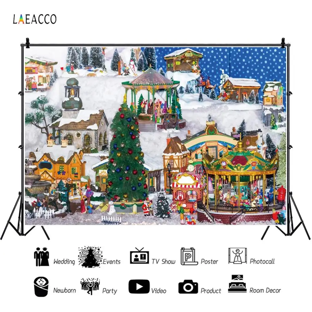 

Laeacco Winter Christmas Photo Backdrops City Tree Snow Amusement Carousel Baby Child Party Photography Backgrounds Photo Studio
