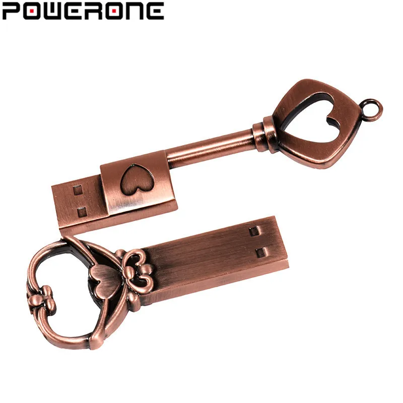 POWERONE медный сердечный ключ usb флеш накопитель 4 ГБ 16 32 64 металлические ключи карта
