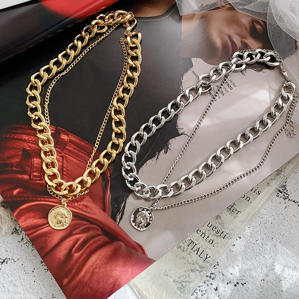 SUMENG New Fashion Vintage Multi-layer Coin Chain Choker Necklace For Women Gold Silver Color Portrait Chunky Chain Necklaces