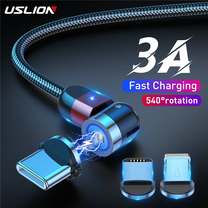 USLION Magnetic Cable Micro USB 540 Rotation Charging Type C 3A Fast Charging For iPhone 11 Pro Max 8 7 Plus Xr Samsung Xiaomi|Mobile Phone Cables| - AliExpress