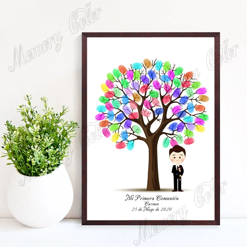 Theme Name Date Fingerprint DIY Tree Leaf Signature Guestbook For Kids First Holy Communion Souvenir Fingerprint Painting