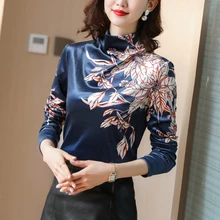 

Women's Blouse Printing Floral Blouses for Women's Long Sleeve Tops Vintage Satin Half High Collar Female Autumn Plush Basic Top
