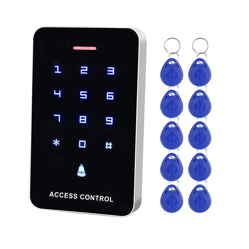 

Press Panel Access Control Keypad RFID Reader Keyboard Access Controller WG26 Door Bell Button + 10Pcs EM4100 Keyfobs Tags