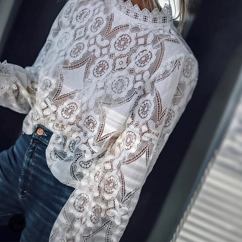 Женская Повседневная элегантная кружевная блузка с вырезом с длинным рукавом и стоячим воротником, однотонная Офисная Женская рубашка, Осенние новые модные женские топы - Цвет: Белый