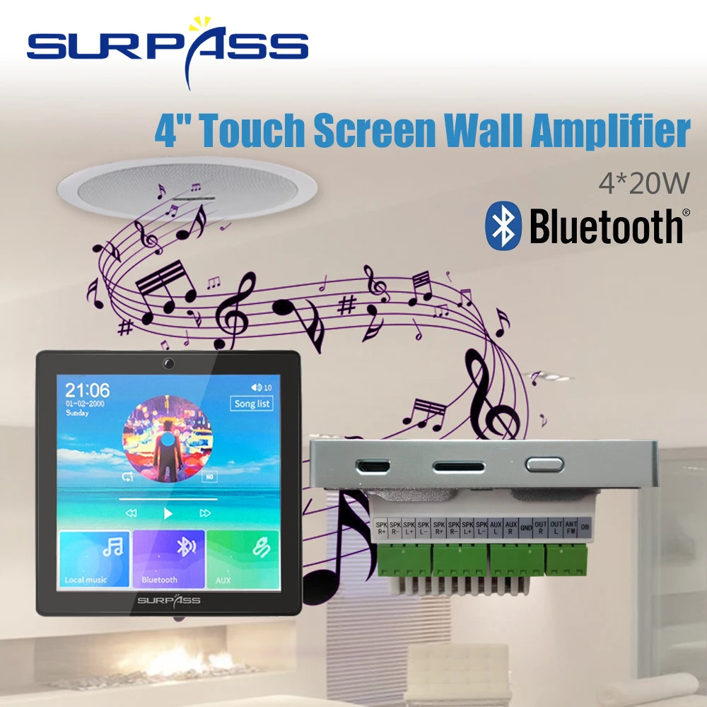 Smart Home Audio 4 Channel Wireless Bluetooth In Wall Amplifier Mini Multifunction Touch Screen Stereo Board Hifi with Fm Radio