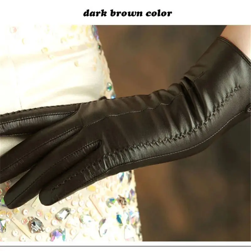 dark brown Бренд KLSS, натуральная кожа, женские зимние Бархатные перчатки высшего качества из козьей кожи, трендовые элегантные женские перчатки из овчины W860 - Цвет: dark brown