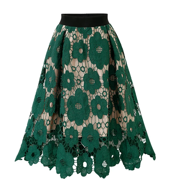 Lace Skirts Womens Knee Length Ladies Soft Stretch Flared Skater Rokken Fashion Faldas Mujer Moda High Waist Women's Skirts