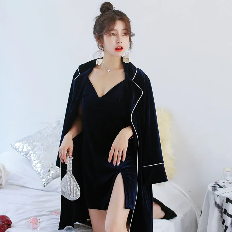 Winter New Gold Velvet Keep Warm Women Robe Set With Belt Cardigan Spaghetti Strap Twinset Sleepwear - Цвет: dark blue