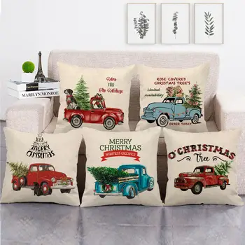 

45cm*45cm watercolor truck and christmas tree design linen/cotton throw pillow covers couch cushion cover home decor pillow