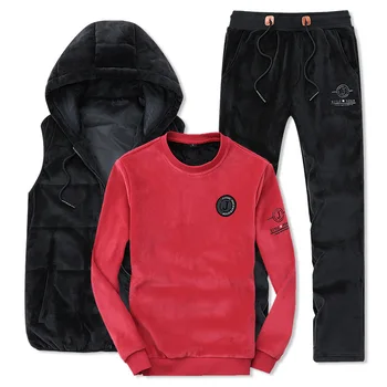

Men's 2020 Winter Plus Velvet Keep Warm Sportswear Thick Vest Running Sports 3 Sets Men's Jogging Wear Sport Clothing Hooded Men