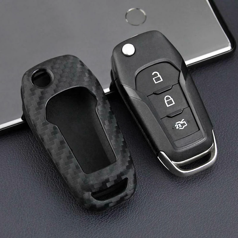 

1set Durable Silicone Car Key Case Carbon Fiber Protector Cover Practical Flip Remote Control Cars Keys Shell Fit For Ford