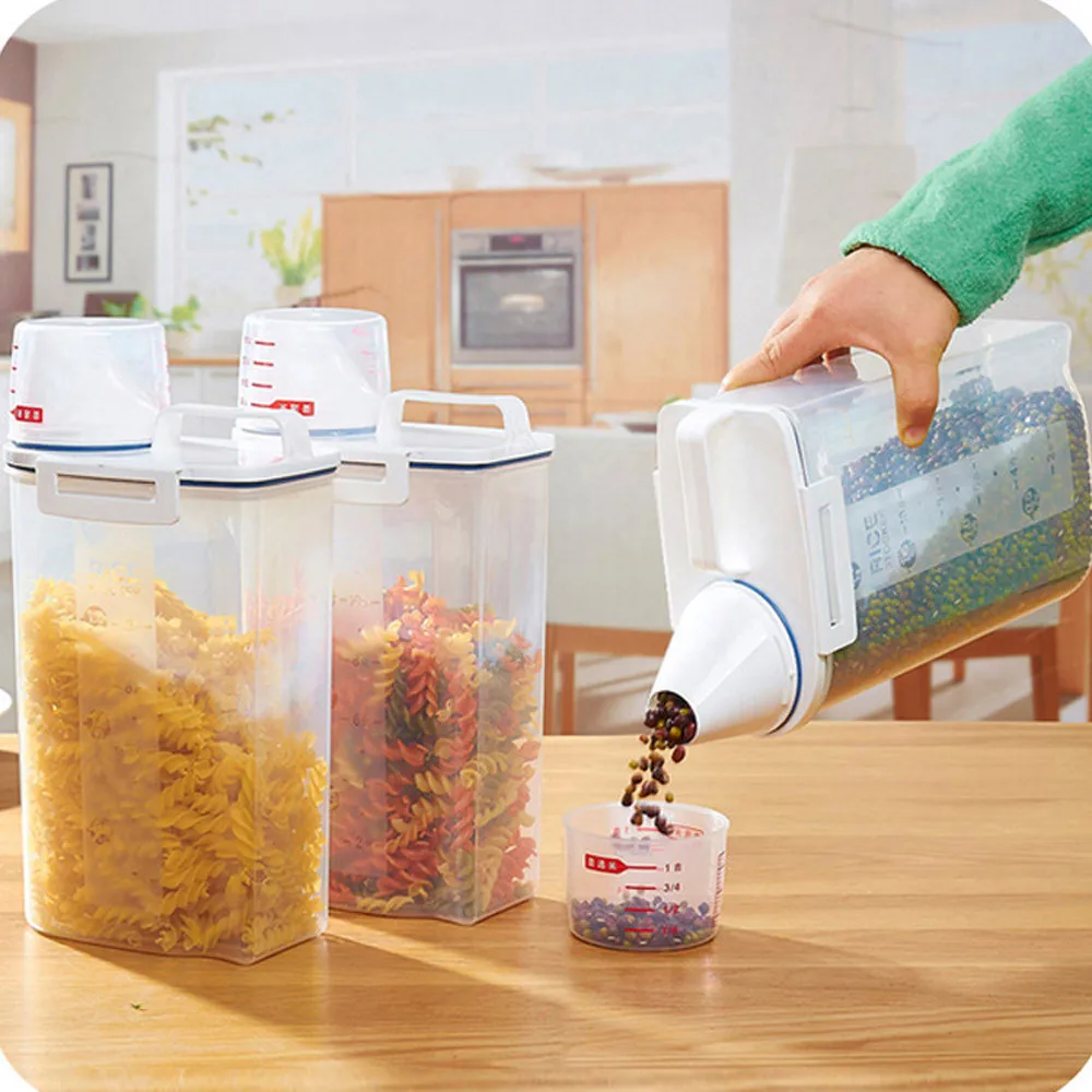 

Plastic Cereal Dispenser Storage Box Kitchen Food Grain Rice Container Kitchen Flour Grain Rice Storage Box With Measure Cup