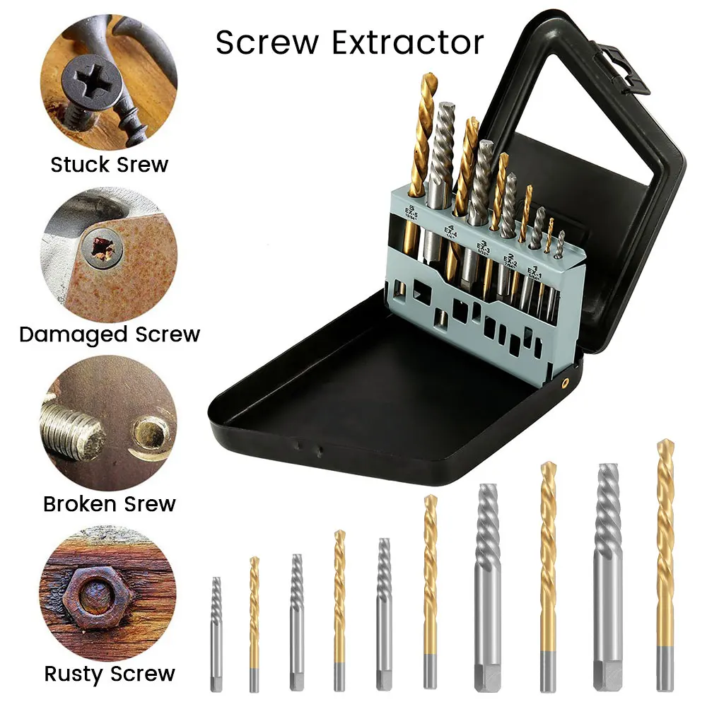  10pcs Cobalt Left Hand Drill Bit Set Broken Bolt Damaged Screw Extractor Set Metal Case Perforator 