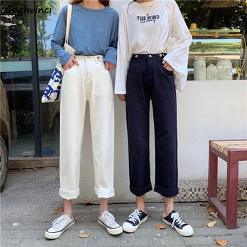 

Jeans Woman High Quality Full Length Leisure Trendy Harajuku Loose Straight All-match Students Adjustable Size Simple Boyfriends