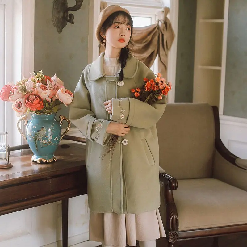 New Vintage Women Wool Blends Coat Full Sleeve Literature And Art Coats Outerwear Green 8888