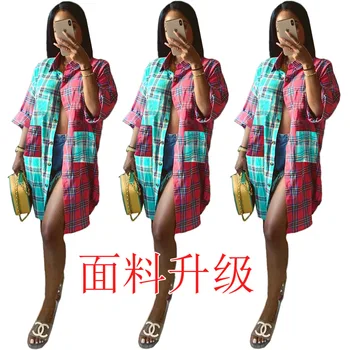 

2019 Europe and the United States fashion autumn and winter hit the market long plaid color contrast shirt double pocket versati