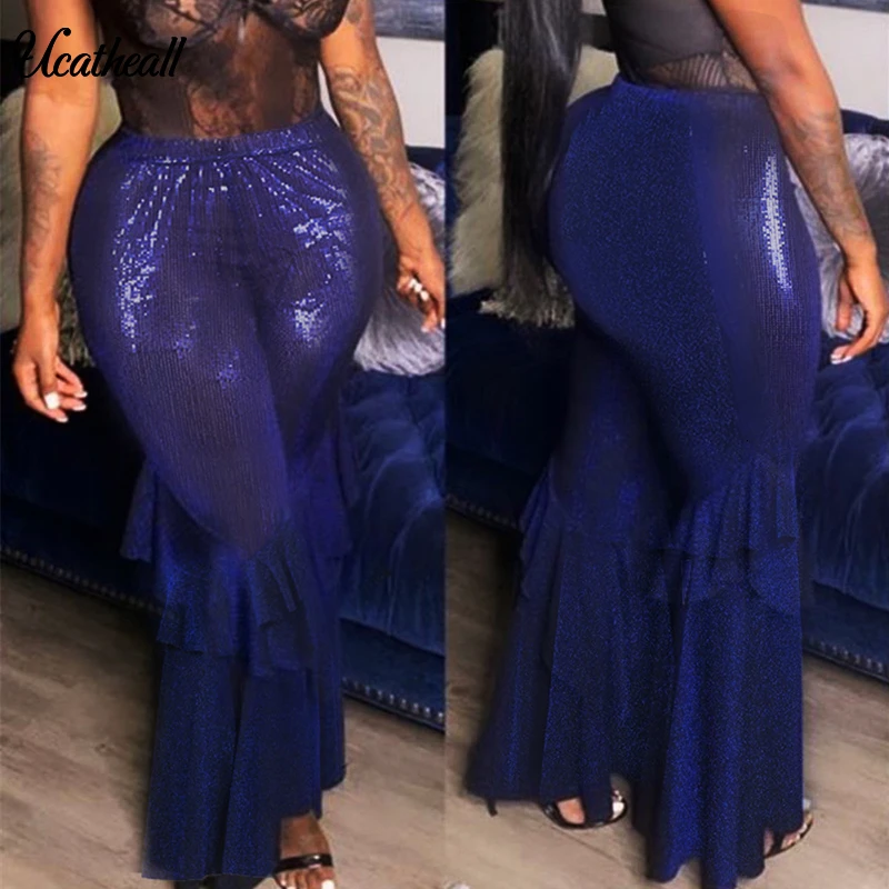 Сексуальные пряжки женские брюки с блестками гофрированные колено низ длинные брюки со средней талией вспышки вечерние Клубные Нигер брюки