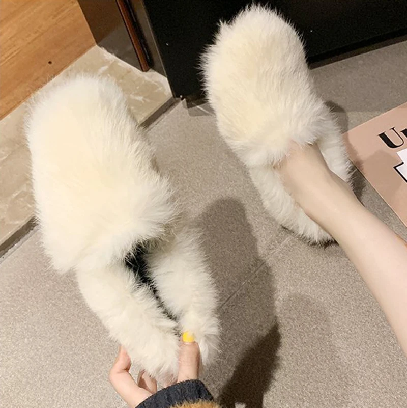 long furry rabbit hair lazy loafers comfortable soft soled casual flats winter luxury fur warm women moccasins slip on loafers