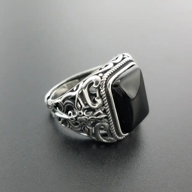 925 Sterling Silver Color Men Rings Natural Black Onyx Stone Square Shape Hollow Cross Flower Carved Vintage Punk Jewelry Gifts Rings Aliexpress