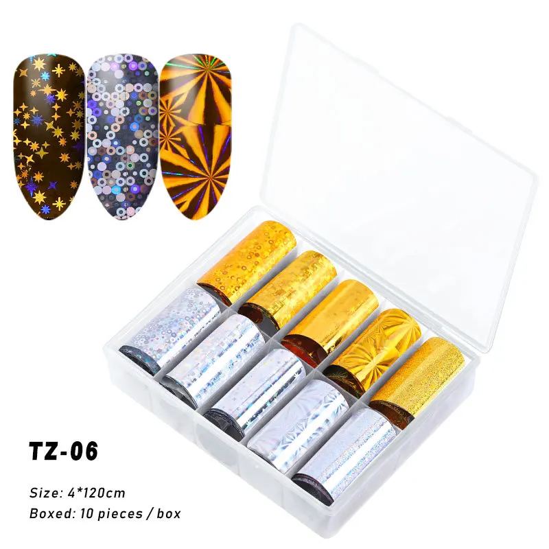 10 шт. лазерные матовые металлические из фольги для ногтей HOLO цветок звездное небо Леопардовый принт переводные наклейки для нанесения татуировок полное покрытие DIY наклейки для маникюра - Цвет: TZ06
