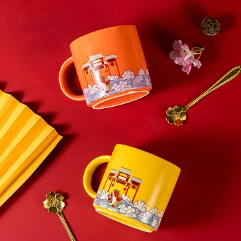 

Couple Retro Mug Creative Creamic with Spoon Chinese Style Red Reusable Office Coffee Cup Tasse A Cafe Drinkware BE50mg