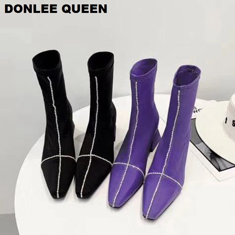 

Stretch Sock Boots Women Crystal Sexy High Heel Pointed Toe Slip On Ankle Boots Black Winter Shoes Women Slim Fit Dress Shoes