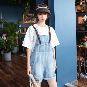

Light Blue Strap Denim Overalls Jumpsuit For Women Summer Bagyy Ripped Jeans Overalls Woman Distressed Short Jeans Overalls Pant