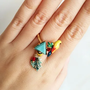 

2020 Anel Anel Masculino Anillos Color Gem Bird Leaves Enamel Parrot Geometric And Solid Ring French Students Small Pure Fresh