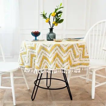 

outdoor gold round tablecloth picnic Linen fabric table cloths for parties for round tables tassel stripes table cloth