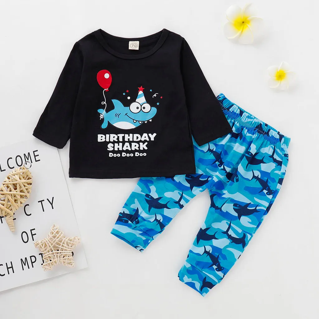 

My First Birthday Baby Girl Clothes Long Sleeve Cartoon Shark Cotton T-shirt Tops Pajamas Pants Suit Toddler Boys Girls Clothing