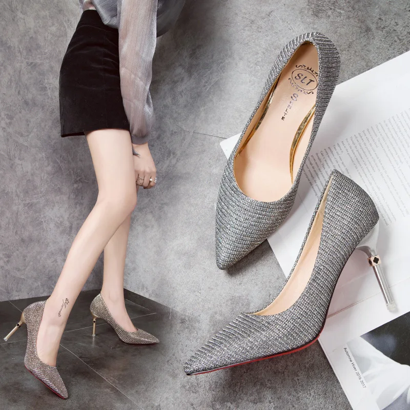 

2019 Spring Crystal Formal Dress Silver Paillette High Heel Shoes Thin Heeled Pointed-Toe Bridesmaid Wedding Dress Banquet Workp