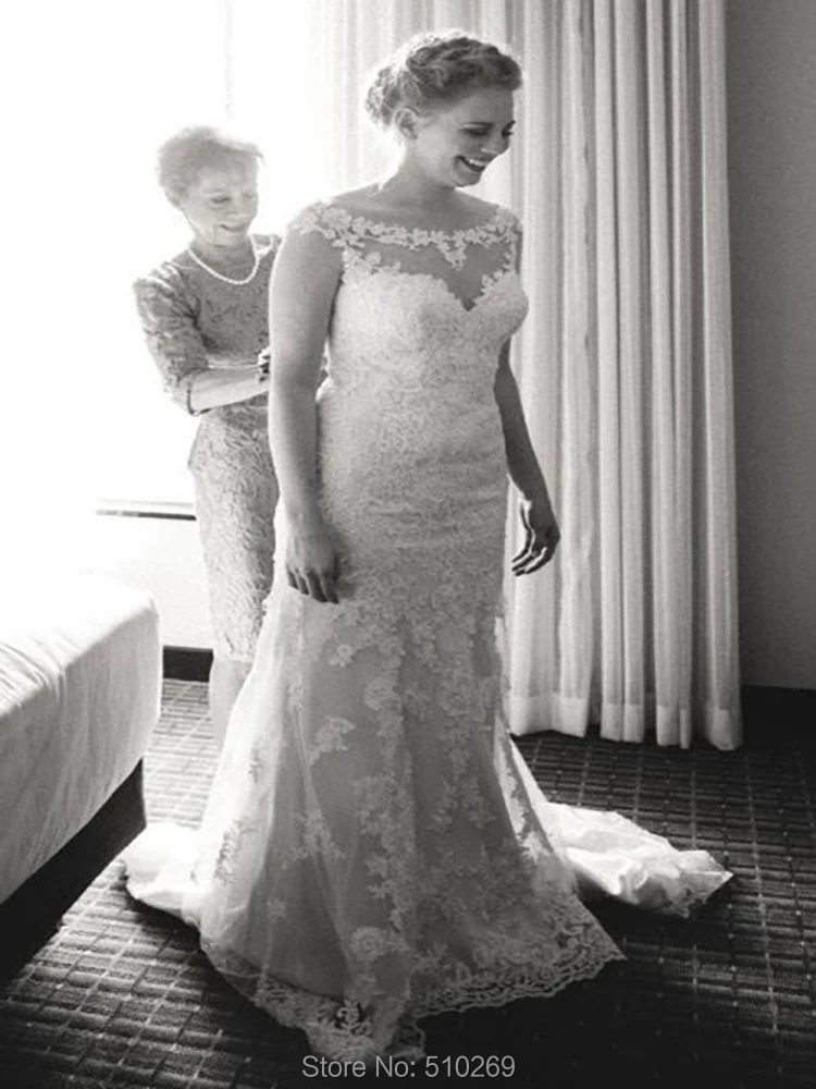 Fit and Flare Bateau Sheer Neckline Capped Sleeves Wedding Dresses Bridal Gown Custom Made Vestido De Novia