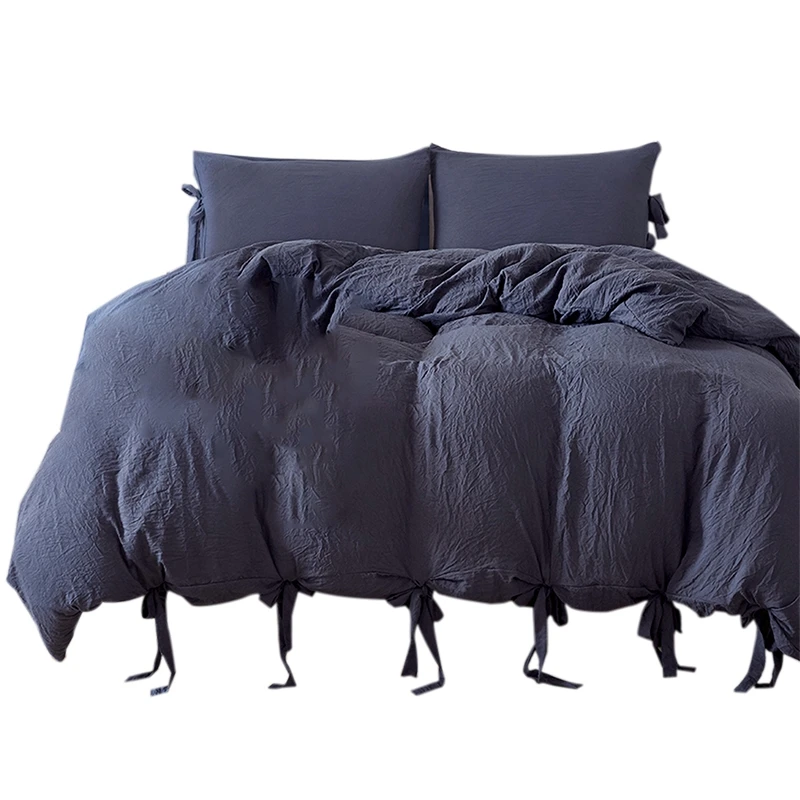 

Washed Cotton Bow Duvet Cover Solid Color Comfortable Quilt Washable Lace Home Textile Three-Piece