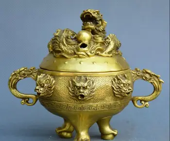 

Chinese old bronze carve dragon Opera beads statue beast incense burner censer
