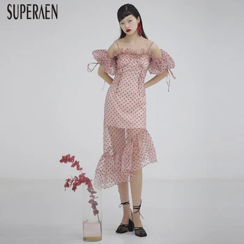 

SuperAen Europe Fashion Women Dress Off Shoulder Summer New 2020 Ladies Dress Dot Slash Neck Short Sleeve Women Clothing