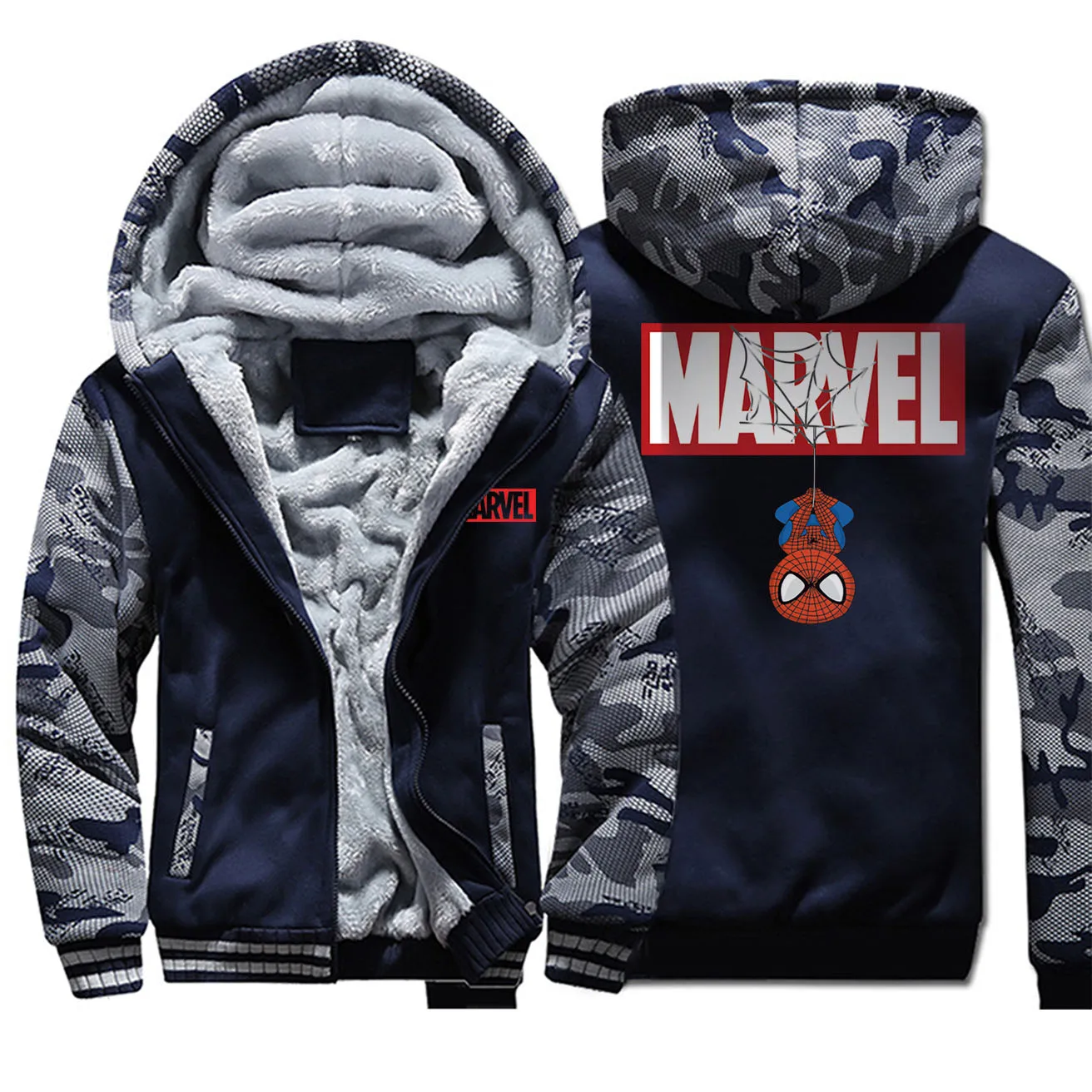 

Spider-Man Superhero Printed Funny Hoodies Warm Fleece Cartoon Fashion Sweatshirt Men 2020 Winter Thick Camo Sleeve Hooded