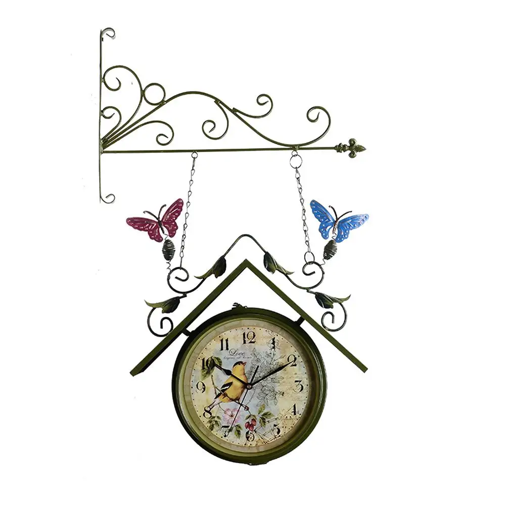 DoublesidedHangingClockStationClockGardenVintageRetroBracketMountedOutdoorIndoor