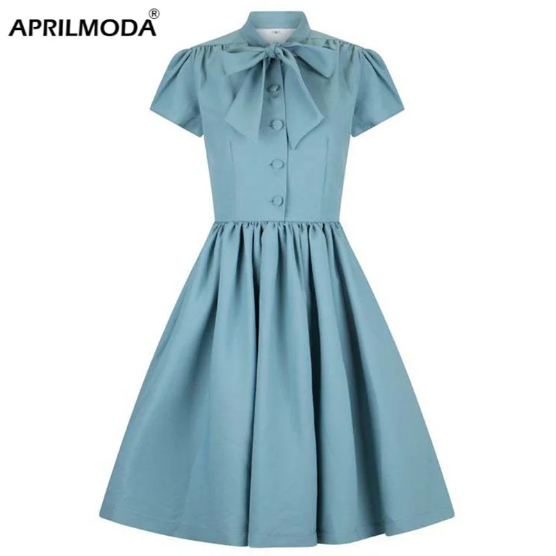 Solid Color Midi Pleated Dress Vintage Style Bow Tie Neck Button Up