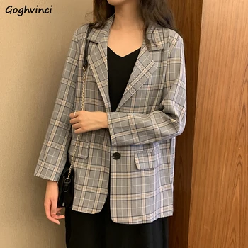 

Blazers Women Plaid Vintage Autumn Elegant Female Top Office Lady Outerwear Casual Hot Sale Loose Retro New Simple Daily Fashion