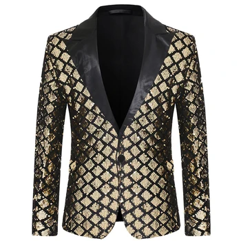 

Shiny Sequin Glitter Mens Gold Blazer Peak Lapel Checkered Men Tuxedo Blazer Wedding Nightclub Party Stage Suit Jacket Black Red