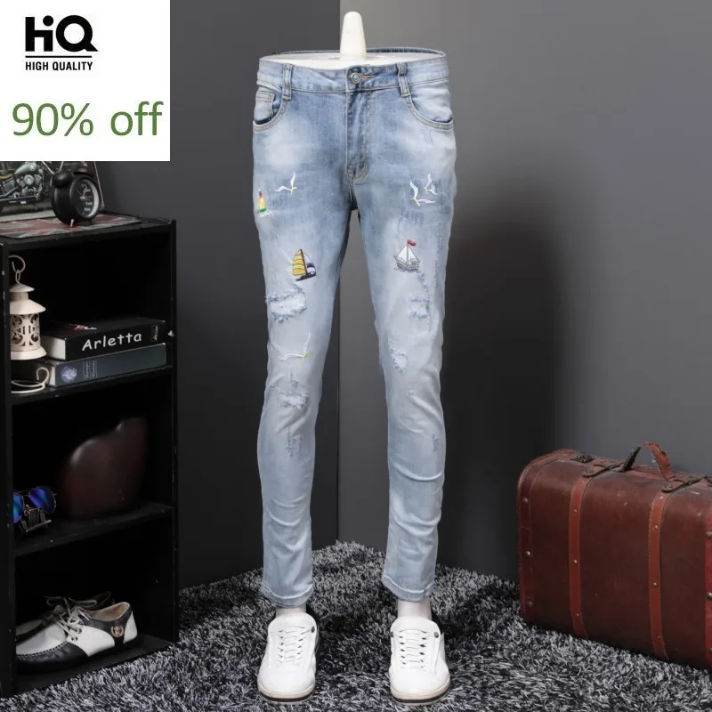 

Spring Summer High Quality Mens Full Length Embroidery Ripped Denim Pants Slim Fit Stretch Fashion Casual Streetwear Jeans Homme