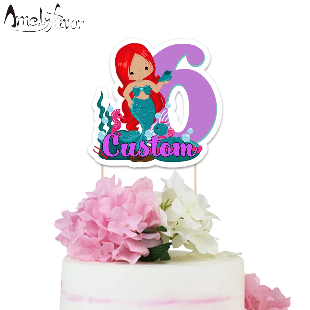 

Mermaid Theme Party Paper Cake Topper Red Hair Girl Mermaid Kids Event Birthday Party Decorations Supplies Custom-Made Topper