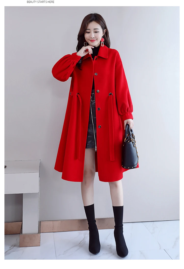 Женское шерстяное пальто средней длины в Корейском стиле; Новинка 2019 года; сезон весна-осень; черная верхняя одежда с отложным воротником;