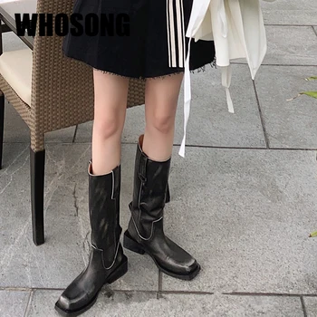 

Women Boots Girls Knee High Botas Woman Soft Square Heels Ladies Warm Shoes Female Brand Motorcycle Boots Fashion Shoes New 2020
