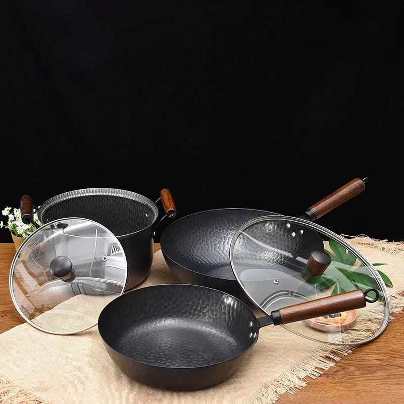 

Zhangqiu Forging Hammer Iron Pot Three-piece Set Top Grade Gift Wok Non-Paintcoat Physics Non-stick Pot Manufacturers Direct Sel