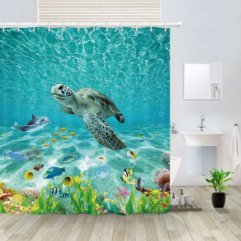 

Ocean Animals Shower Curtain, Turquoise Seawater Underwater Fantasy Ocean Sand Wolrd with Sea Turtle Dolphin Fish Seaweed Sea