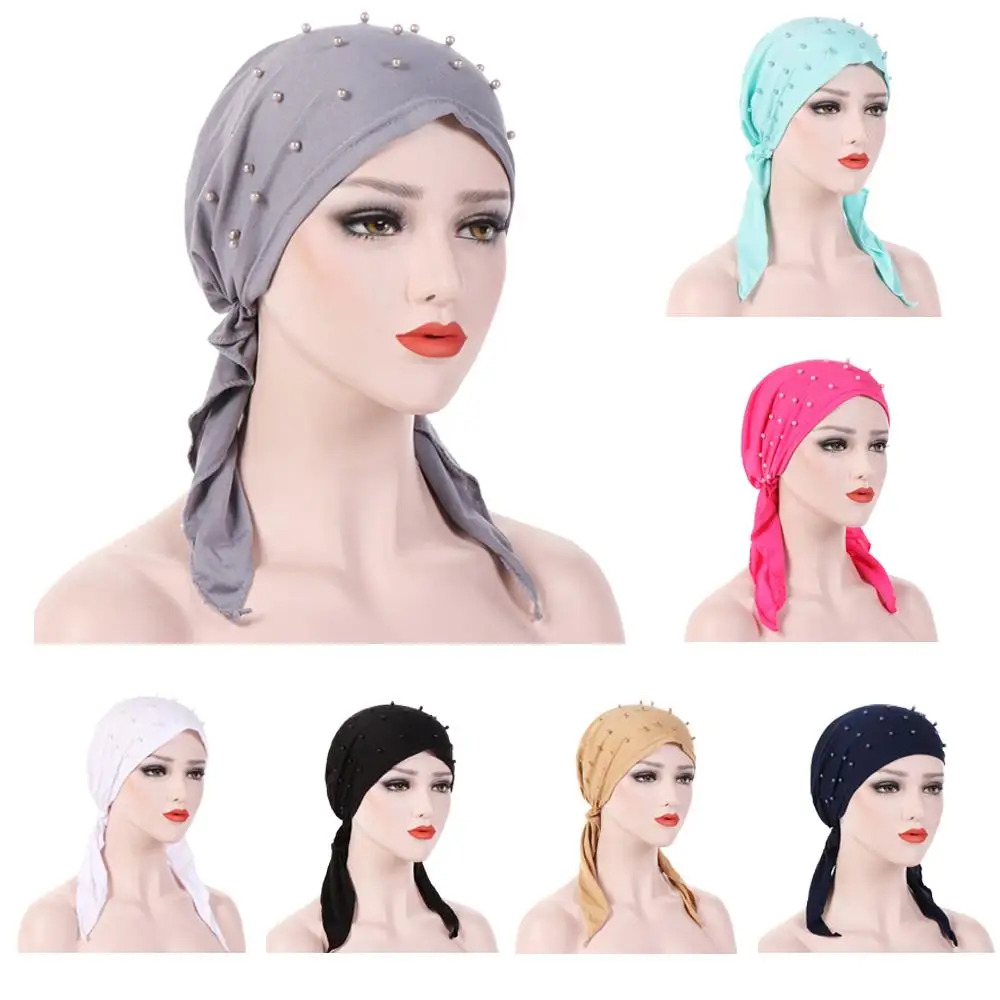 

Muslim Women Bandana Hijab Cancer Hat Chemo Cap Hair Loss Head Scarf Turban Wrap Islmaic Headwear Beads Stretch Arab Underscarf