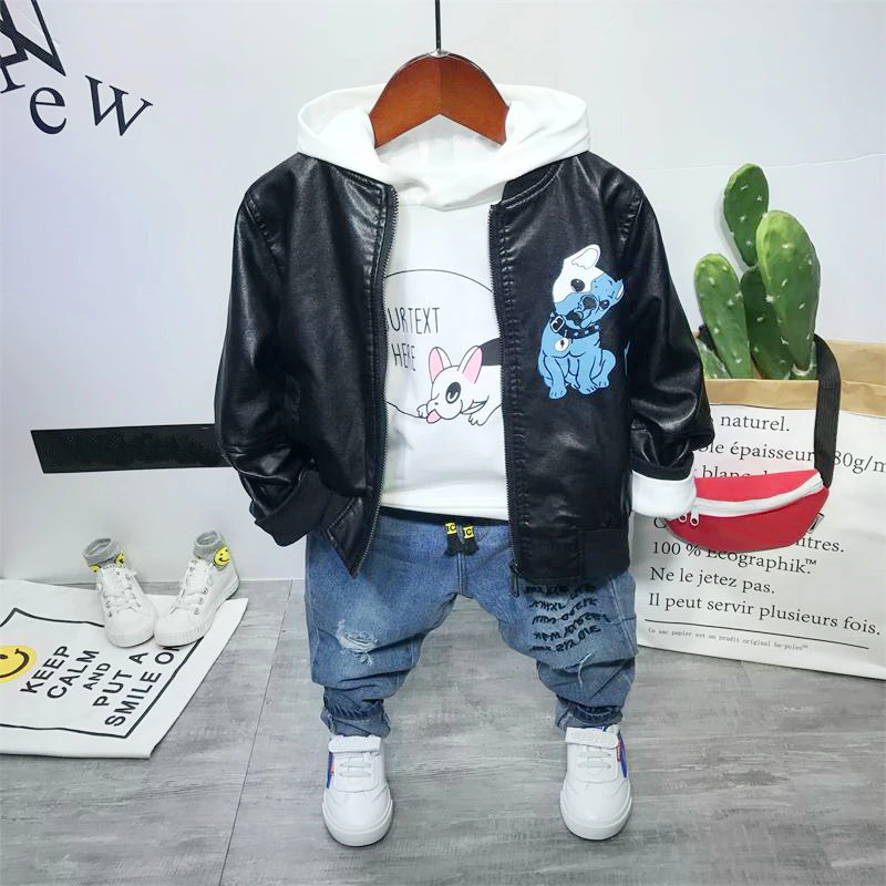 

Sping Autumn Boys Clothing Sets baby boys Faux Leather coat+hoodie t+jeans 3pcs/set Kids Children's Outfit Kids Boys Clothes set