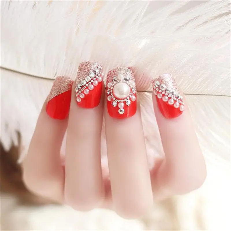 Красные Свадебные накладные ногти с дизайнерскими линзами, полное покрытие, украшения, накладные ногти с клеем, стикер, искусственные квадратные ногти