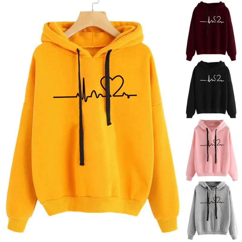 Mejores Ofertas Sudadera con capucha para mujer, suéteres informales con estampado de latido de corazón y capucha, ropa de manga larga para Otoño e Invierno de talla grande Myw5enrXdJp